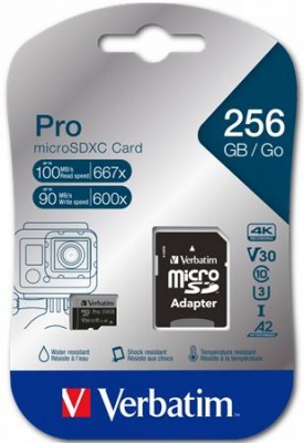 Memóriakártya, microSDXC, 256GB, CL10/U3/A2, 100/90 MB/s, adapter, VERBATIM "PRO"